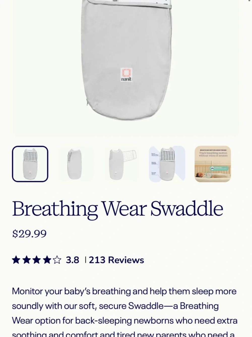 Nanit Breathing Wear Swaddle 0-3 Month Small